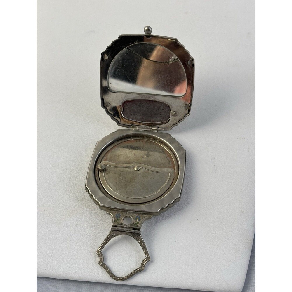 Evans 1920’s Art Deco Silver Metal Mirror Compact Guilloche Enamel With Stand - Picture 5 of 11
